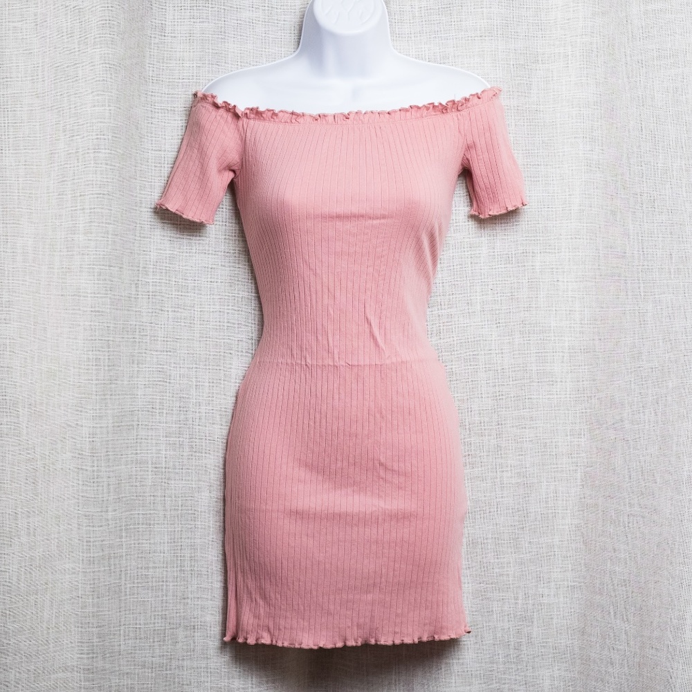 Pink Off Shoulder Rib Knit Bodycon Dress